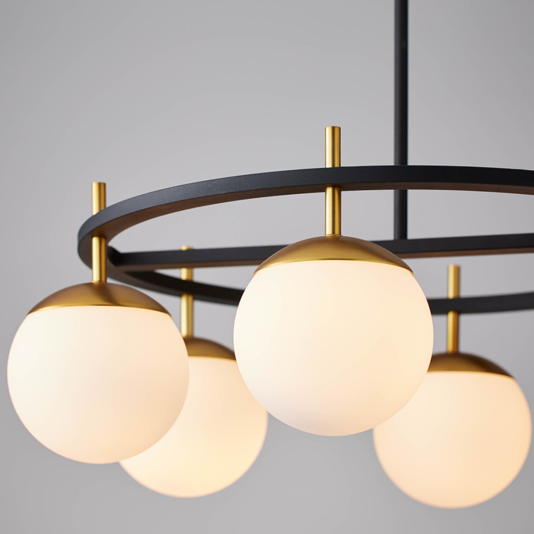 Alluria Chandelier – Stacked Circular Brass & Etched White Glass Mid-Century Modern Chandelier