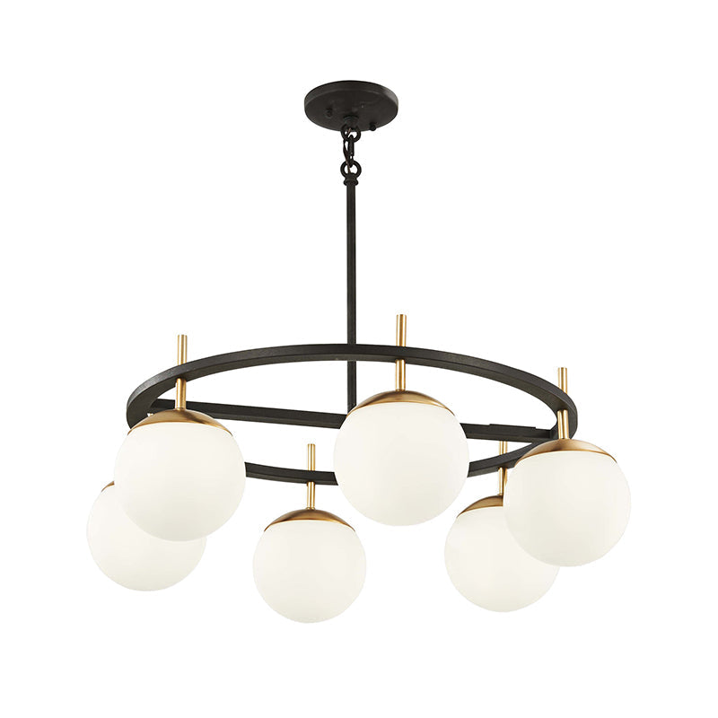 Alluria Chandelier – Stacked Circular Brass & Etched White Glass Mid-Century Modern Chandelier