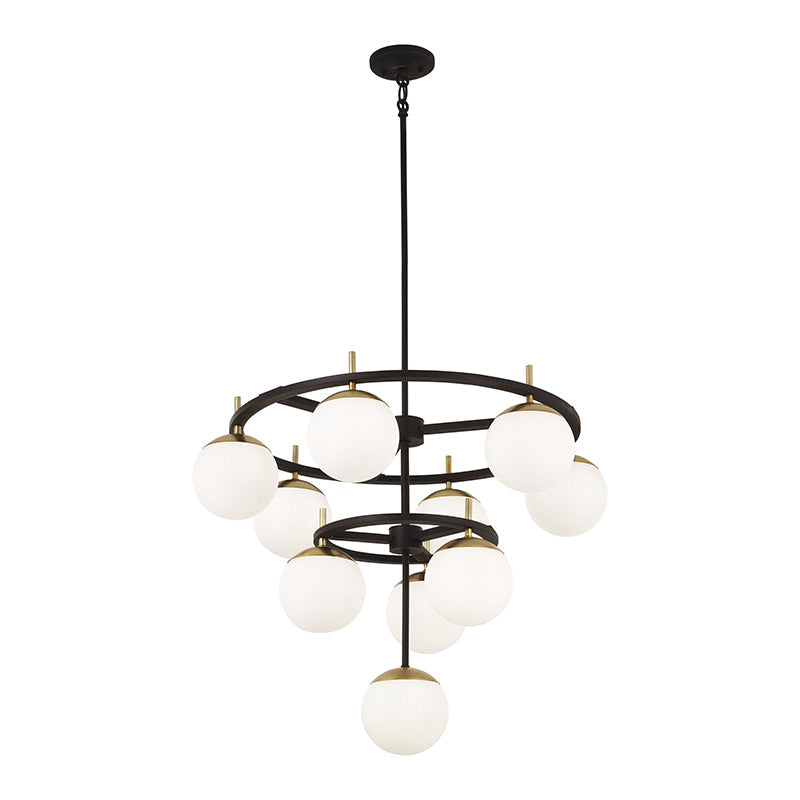 Alluria Chandelier – Stacked Circular Brass & Etched White Glass Mid-Century Modern Chandelier