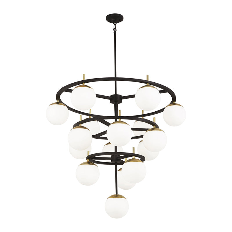 Alluria Chandelier – Stacked Circular Brass & Etched White Glass Mid-Century Modern Chandelier