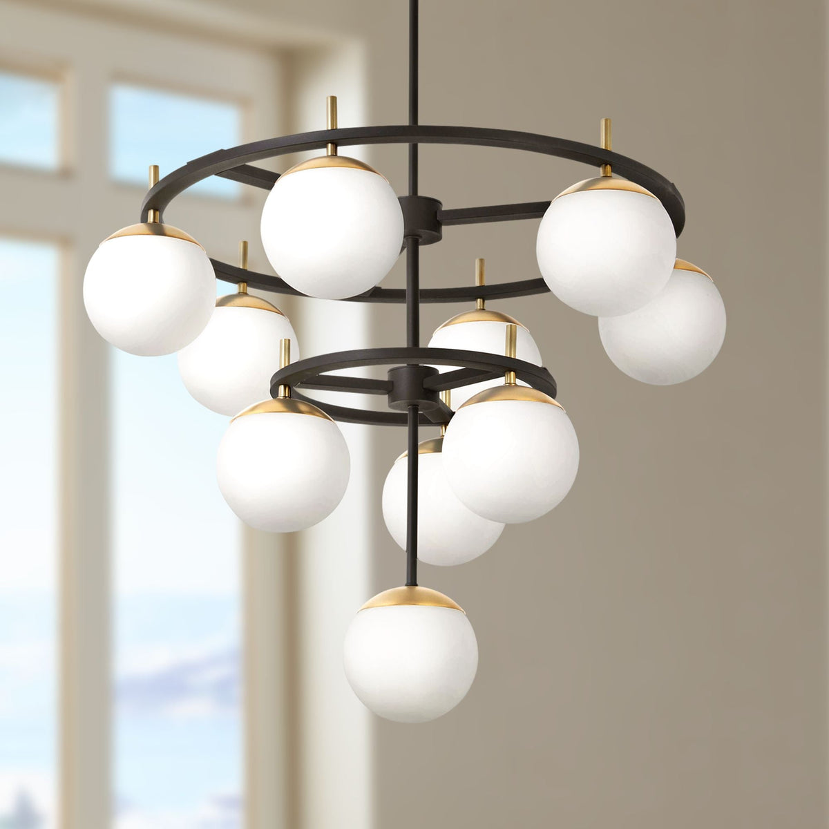 Alluria Chandelier – Stacked Circular Brass & Etched White Glass Mid-Century Modern Chandelier
