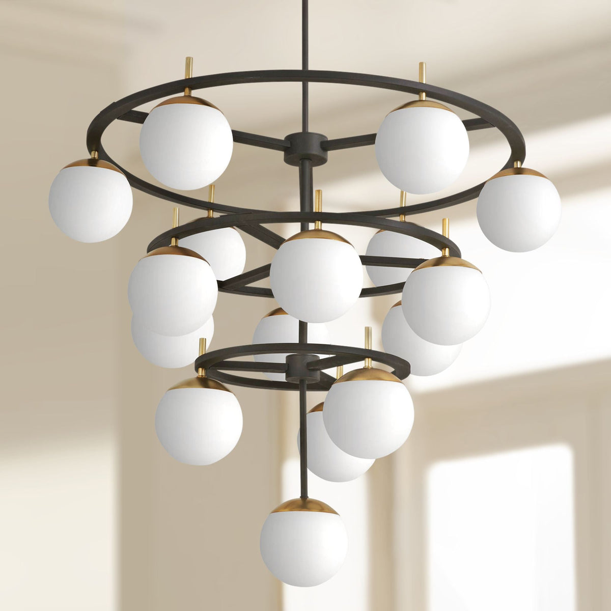Alluria Chandelier – Stacked Circular Brass & Etched White Glass Mid-Century Modern Chandelier