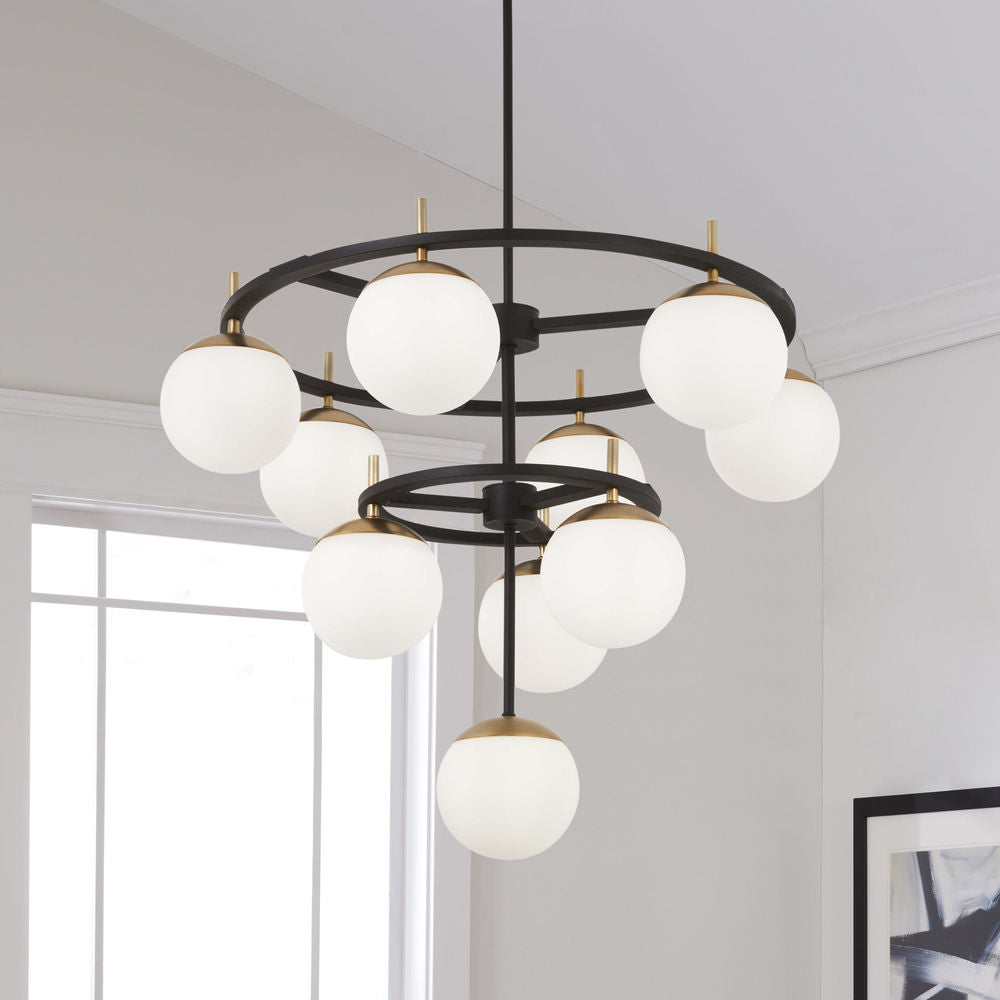 Alluria Chandelier – Stacked Circular Brass & Etched White Glass Mid-Century Modern Chandelier