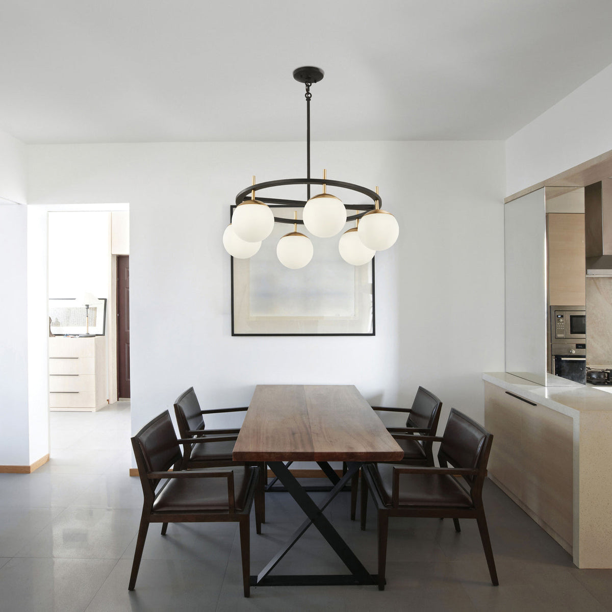 Alluria Chandelier – Stacked Circular Brass & Etched White Glass Mid-Century Modern Chandelier