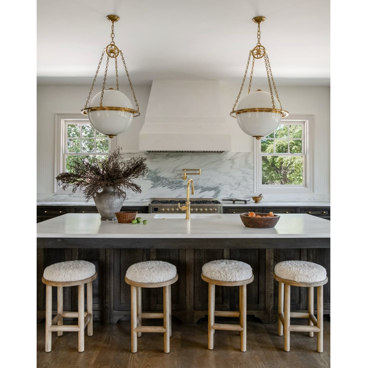 Alora Pendant Lamp – White Glass Globe & Brass Modern Sculptural Chandelier