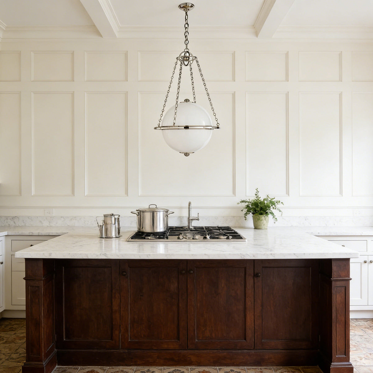 Alora Pendant Lamp – White Glass Globe & Brass Modern Sculptural Chandelier