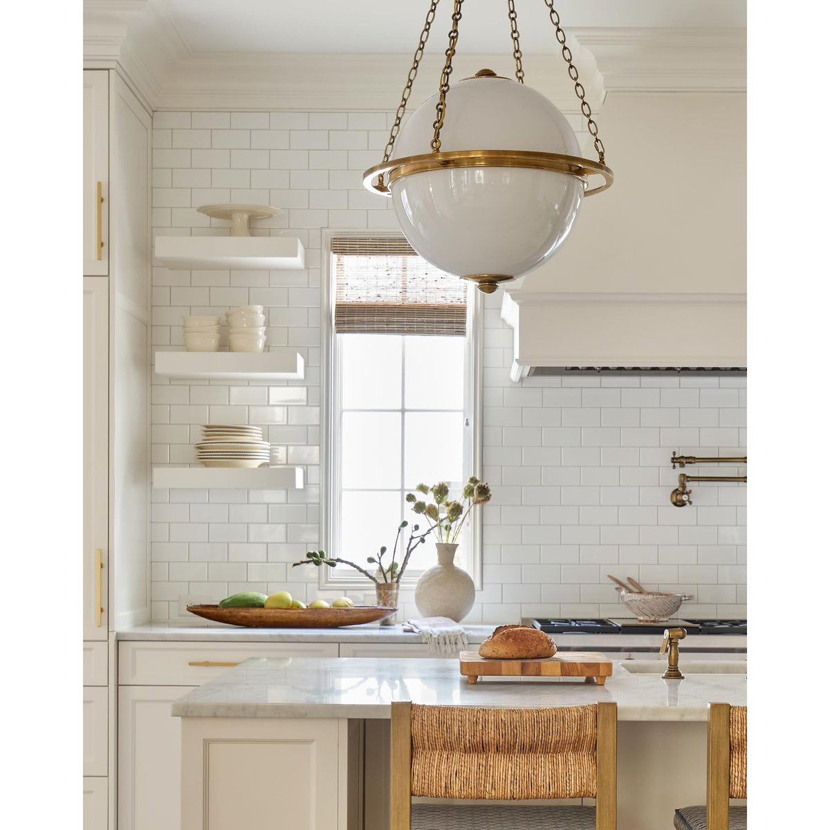 Alora Pendant Lamp – White Glass Globe & Brass Modern Sculptural Chandelier