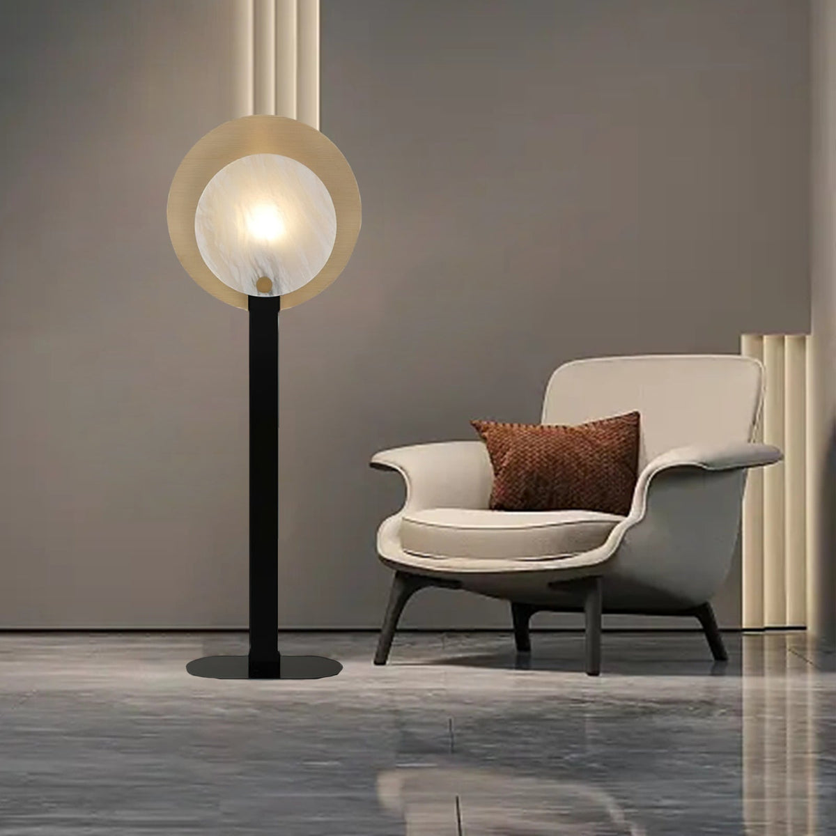 Altai Floor Lamp – Alabaster Shade & Sleek Metal Modern Floor Light