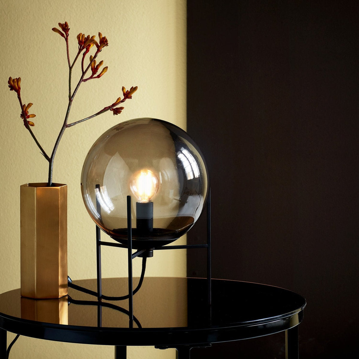 Alton Table Lamp – Smoked Glass Globe & Black Metal Modern Table Light