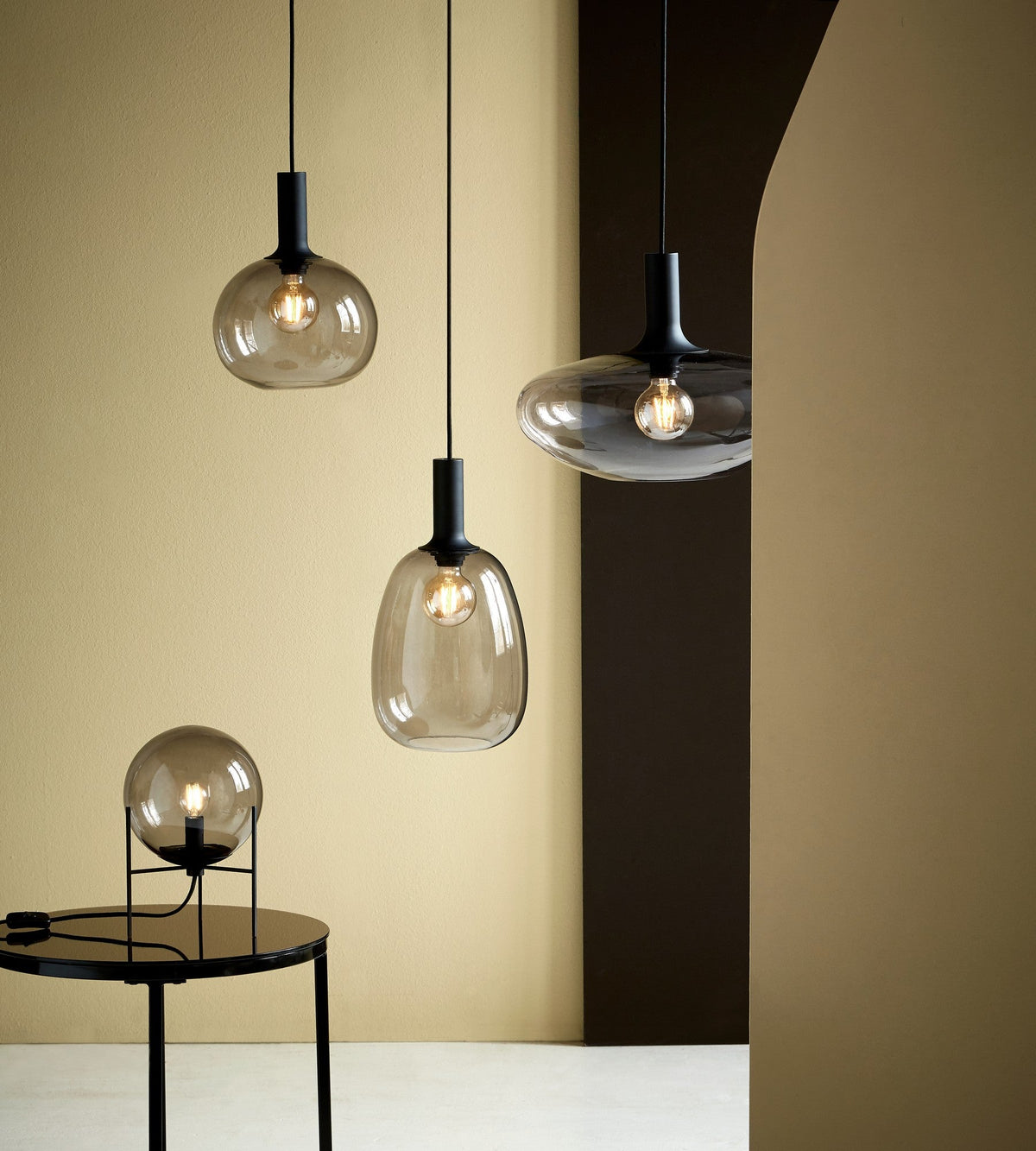 Alton Table Lamp – Smoked Glass Globe & Black Metal Modern Table Light