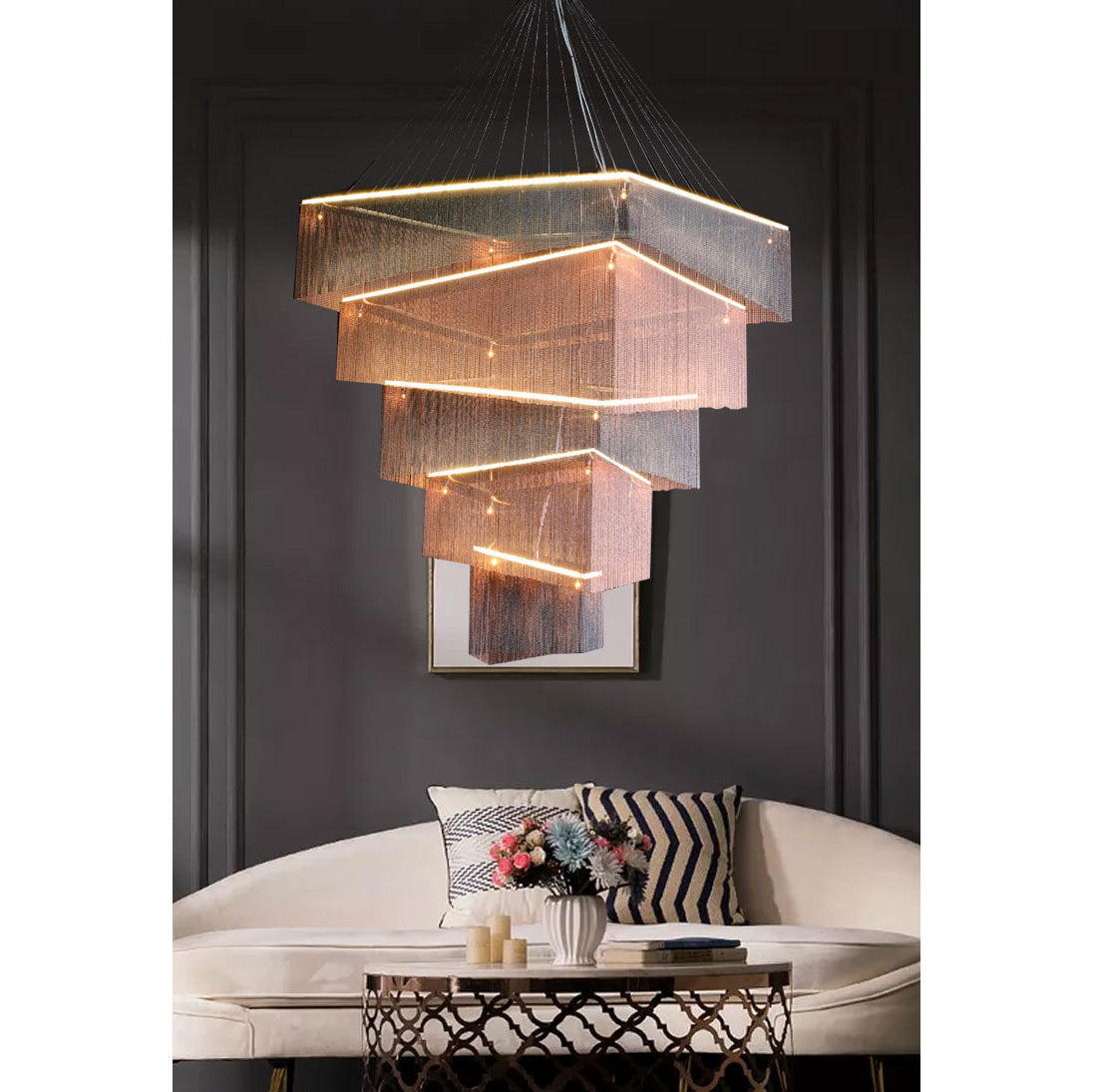 Aluminum Chain Tassel Chandelier – Cascading Metallic Waterfall Luxury Chandelier