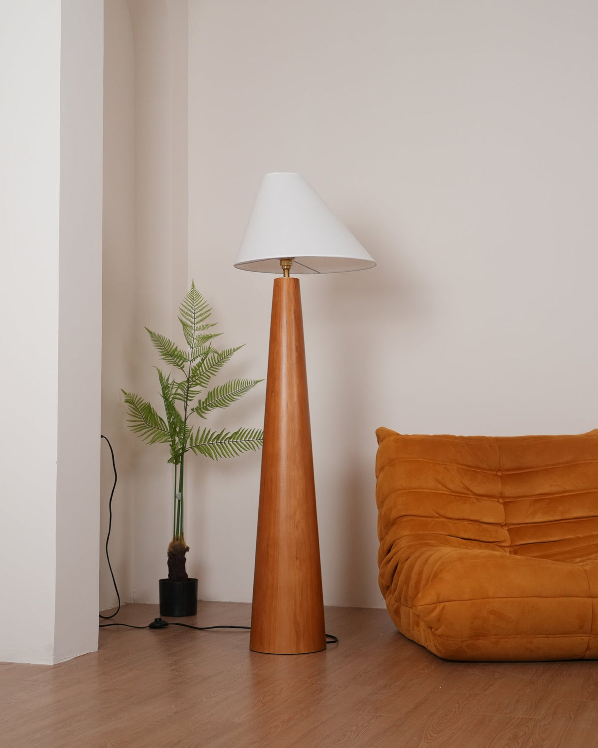 Alvin Floor Lamp – Solid Wood Base & Asymmetrical Linen Shade Modern Floor Light