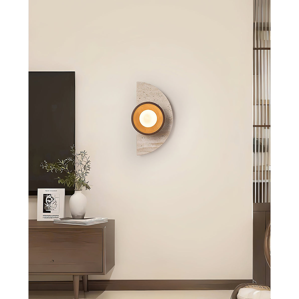 Ambiance Wall Lamp – Travertine Stone, Wood & Glass Nordic Wall Sconce