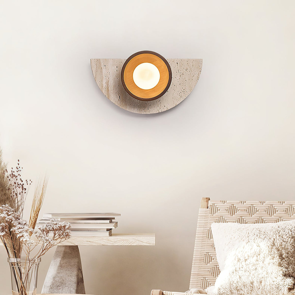 Ambiance Wall Lamp – Travertine Stone, Wood & Glass Nordic Wall Sconce