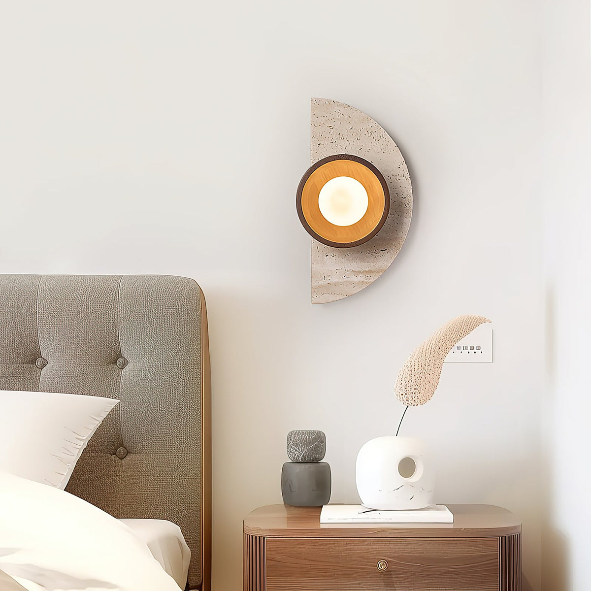 Ambiance Wall Lamp – Travertine Stone, Wood & Glass Nordic Wall Sconce