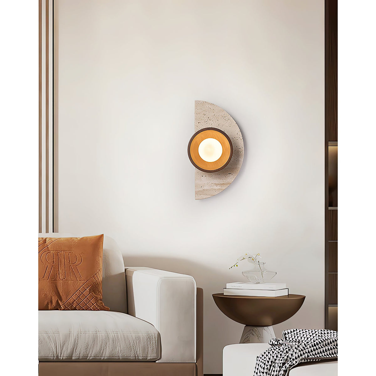 Ambiance Wall Lamp – Travertine Stone, Wood & Glass Nordic Wall Sconce