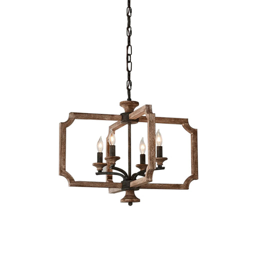 Ambrose Lantern Pendant Lamp – Distressed Aged Wood & Metal Frame Lantern Chandelier