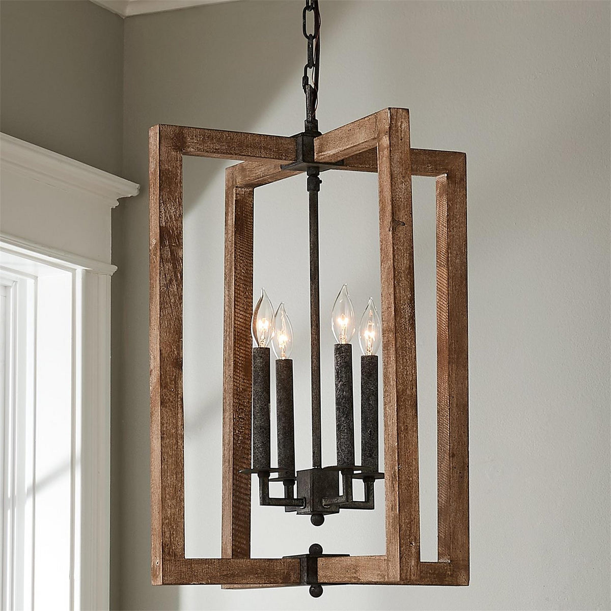Ambrose Lantern Pendant Lamp – Distressed Aged Wood & Metal Frame Lantern Chandelier