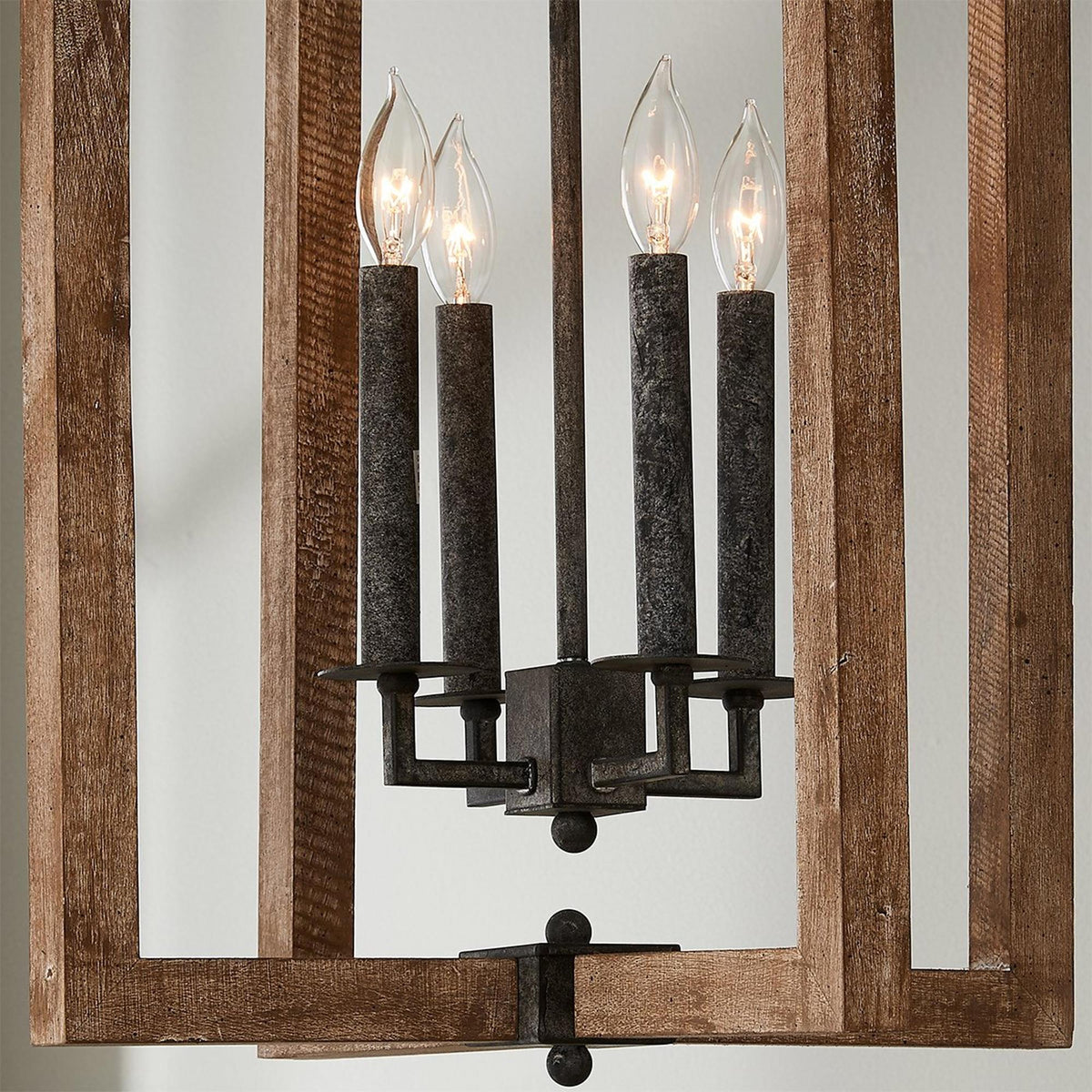 Ambrose Lantern Pendant Lamp – Distressed Aged Wood & Metal Frame Lantern Chandelier