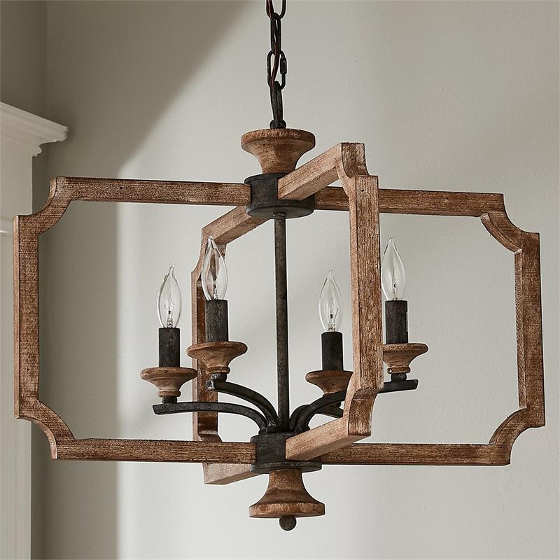 Ambrose Lantern Pendant Lamp – Distressed Aged Wood & Metal Frame Lantern Chandelier