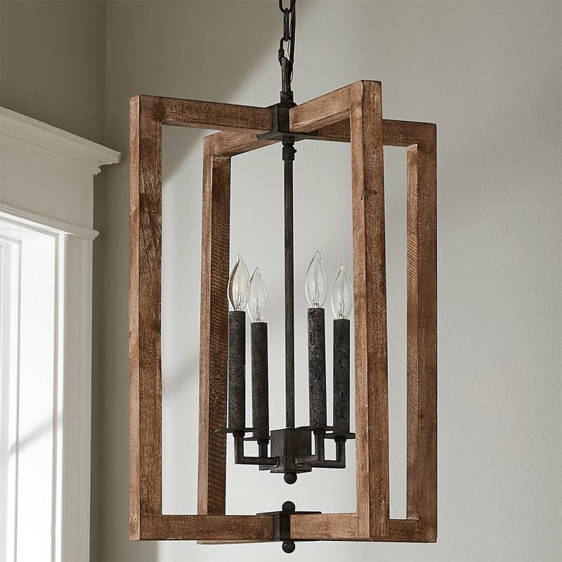 Ambrose Lantern Pendant Lamp – Distressed Aged Wood & Metal Frame Lantern Chandelier