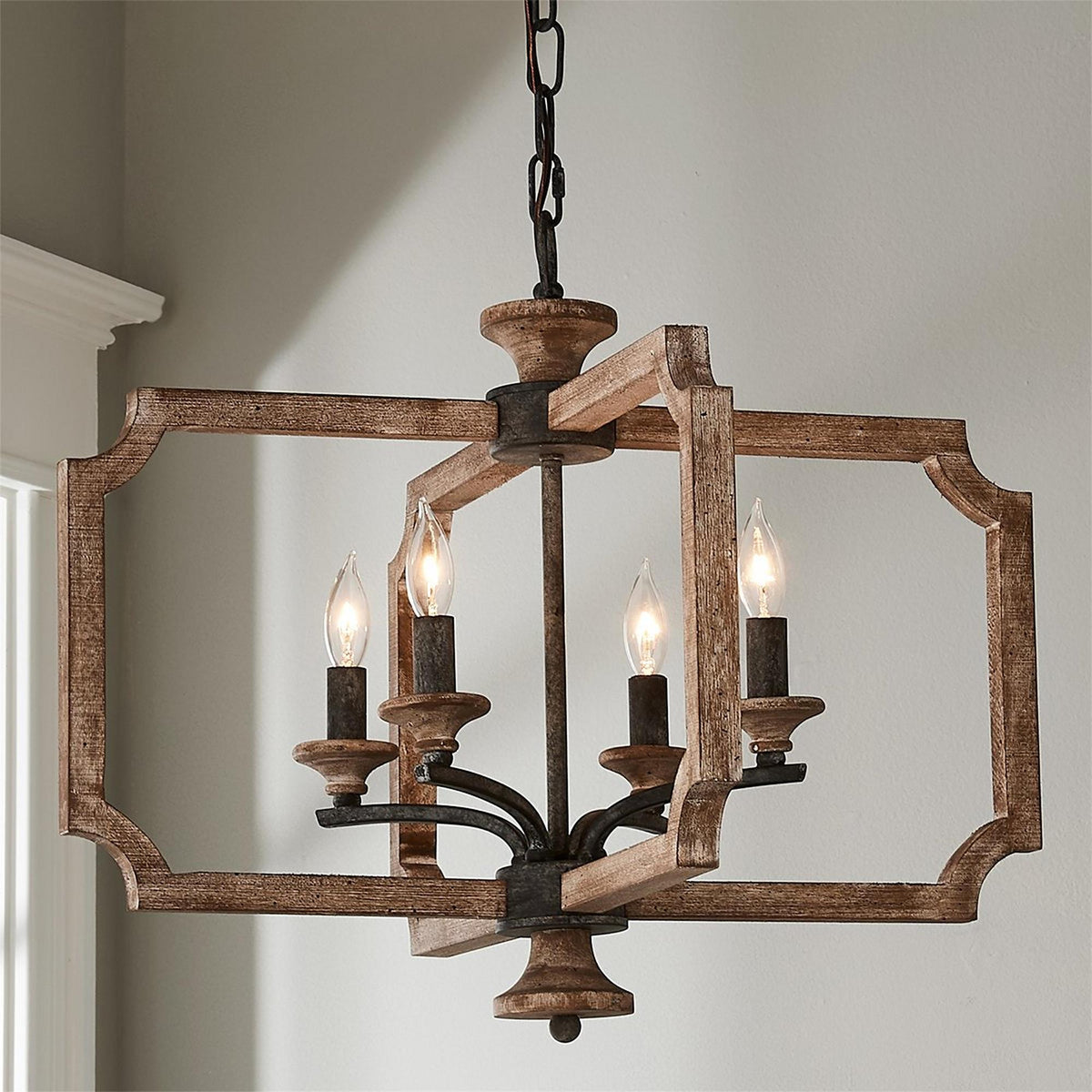 Ambrose Lantern Pendant Lamp – Distressed Aged Wood & Metal Frame Lantern Chandelier