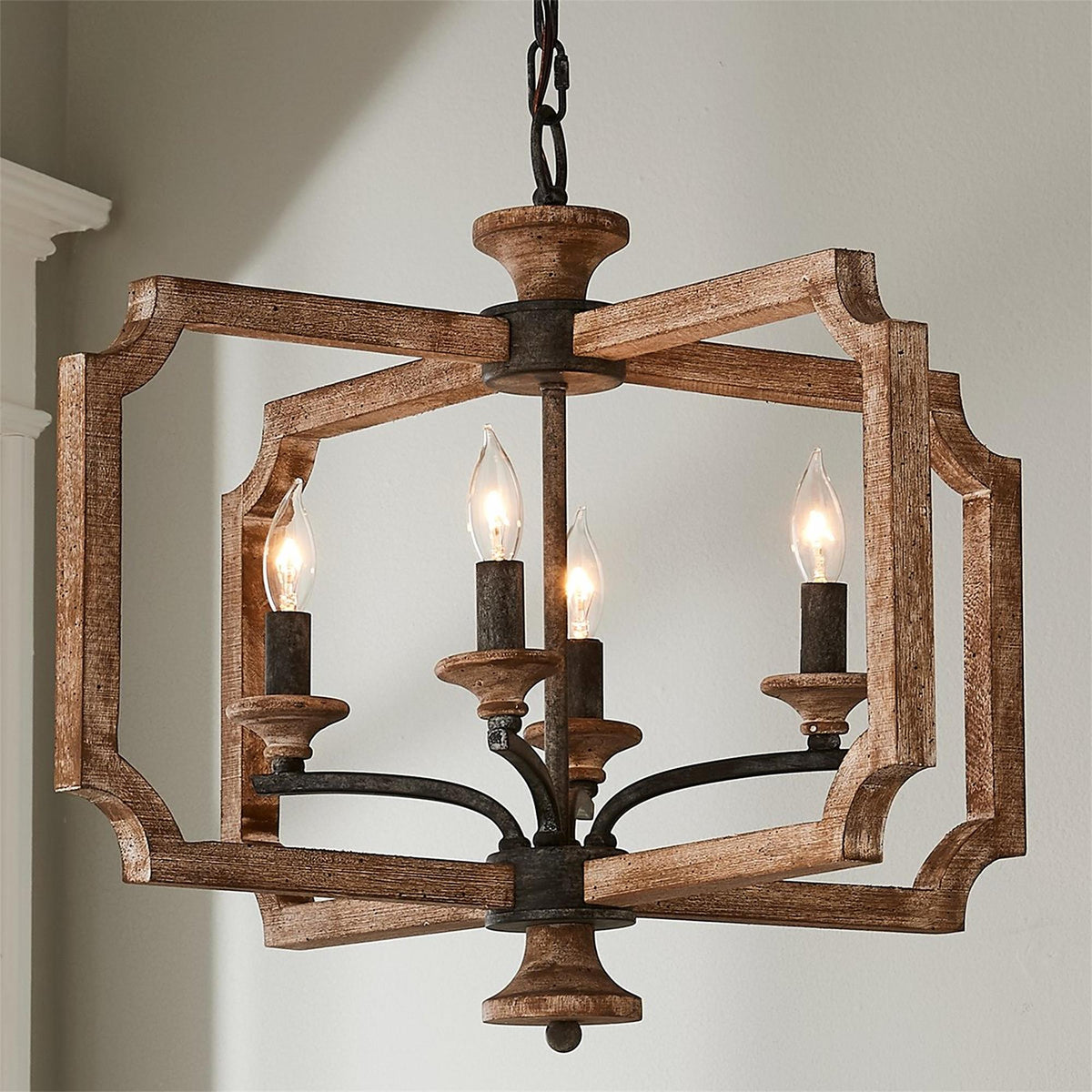 Ambrose Lantern Pendant Lamp – Distressed Aged Wood & Metal Frame Lantern Chandelier