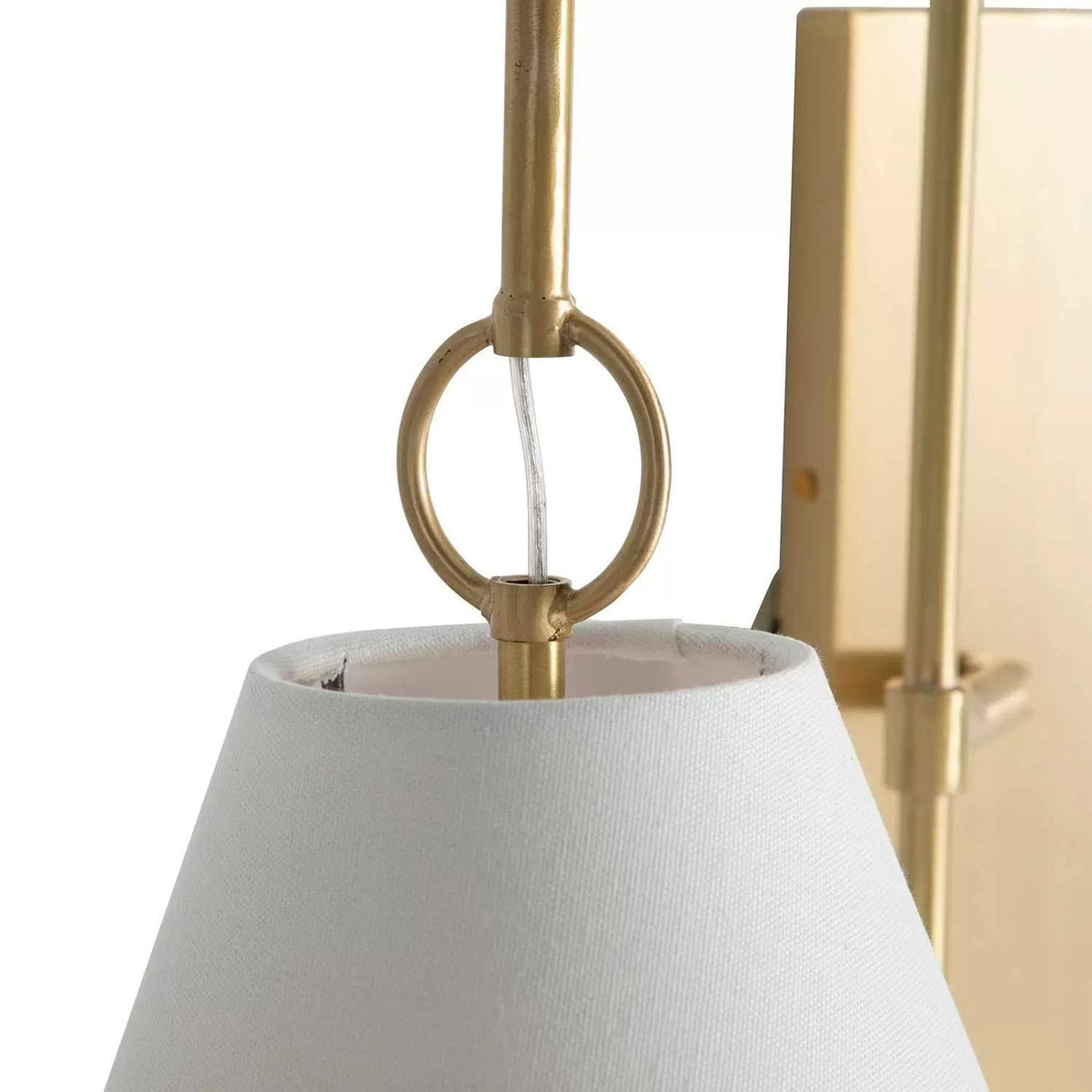 Anniston Wall Lamp – Pivoting Arm Brass & White Linen Shade Swing Wall Sconce