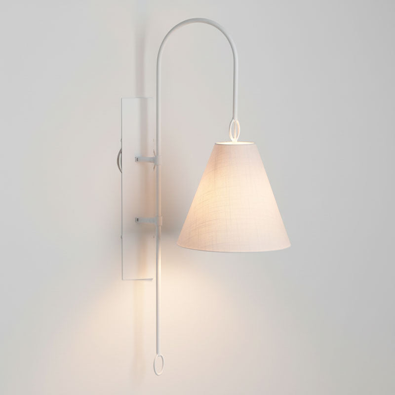 Anniston Wall Lamp – Pivoting Arm Brass & White Linen Shade Swing Wall Sconce