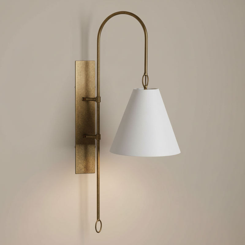 Anniston Wall Lamp – Pivoting Arm Brass & White Linen Shade Swing Wall Sconce