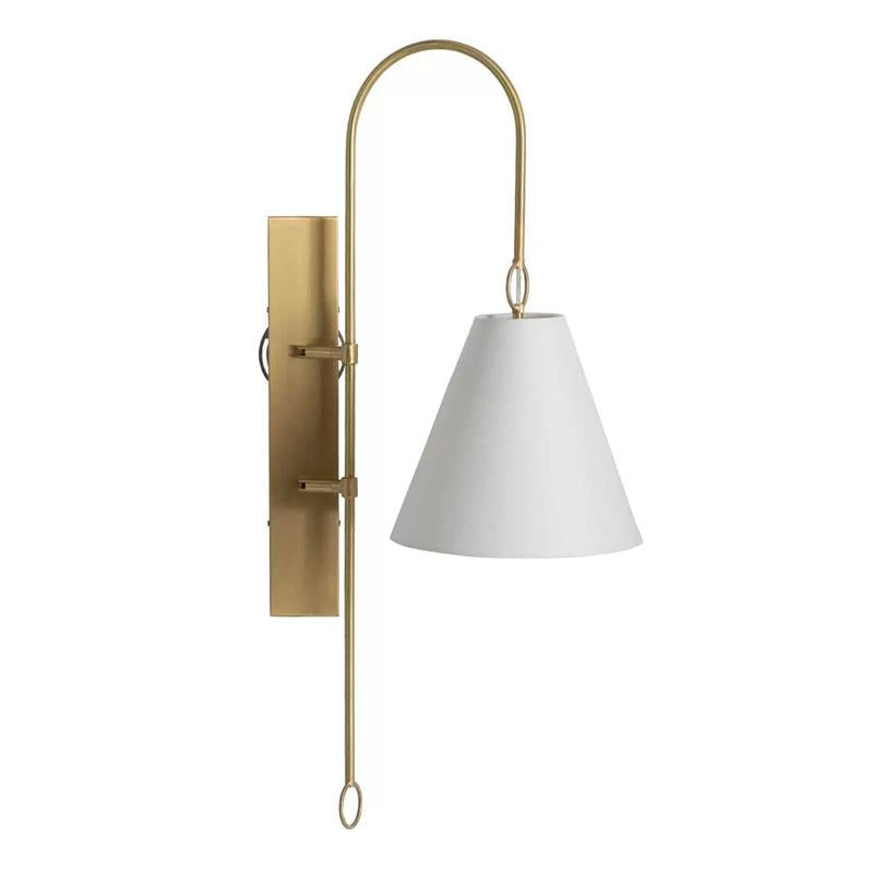 Anniston Wall Lamp – Pivoting Arm Brass & White Linen Shade Swing Wall Sconce