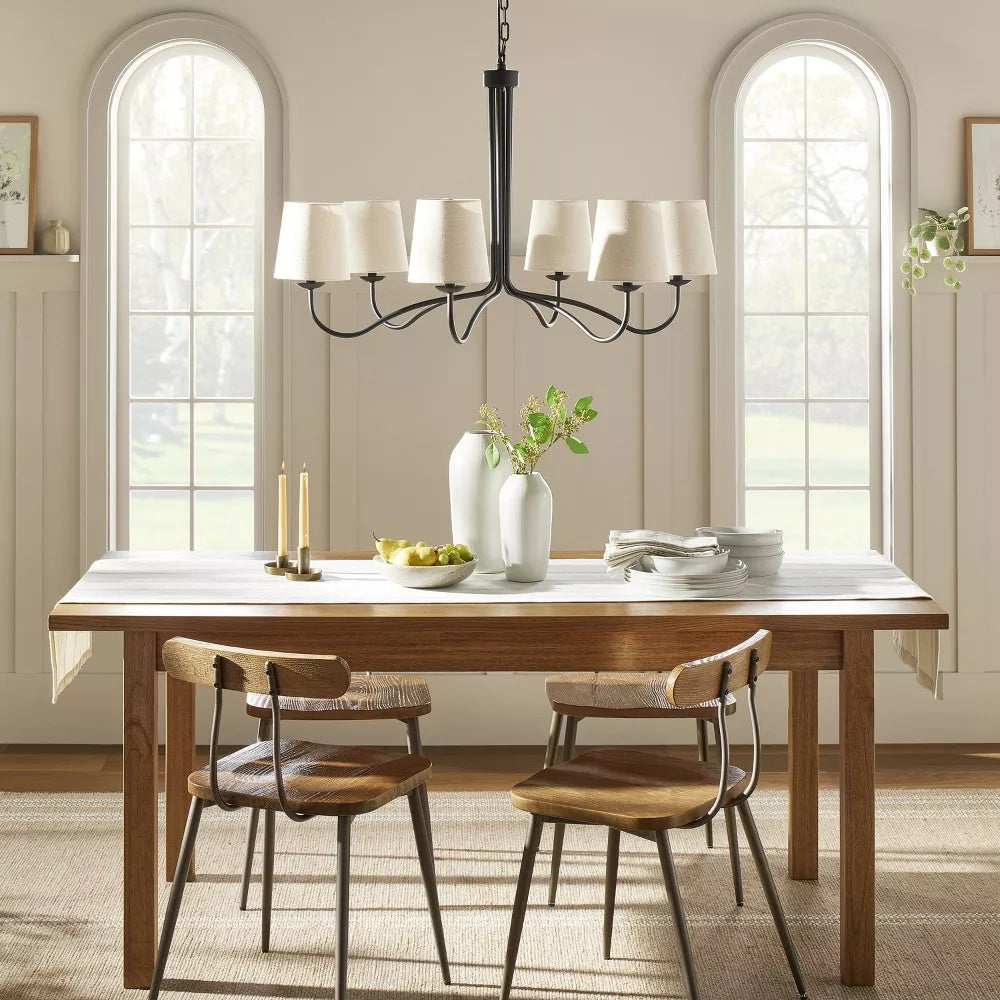 Ansel Chandelier – Modern Brass & Fabric Bell Shade 6-Light Chandelier