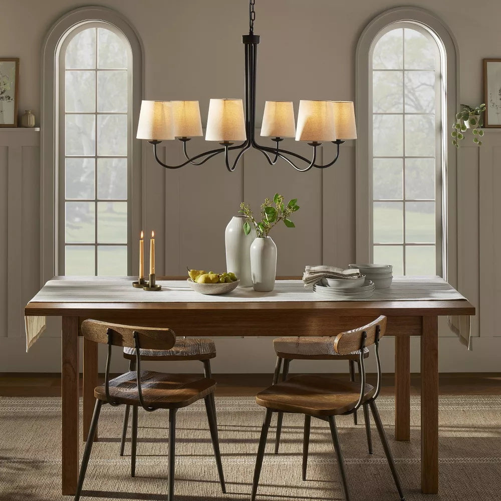 Ansel Chandelier – Modern Brass & Fabric Bell Shade 6-Light Chandelier