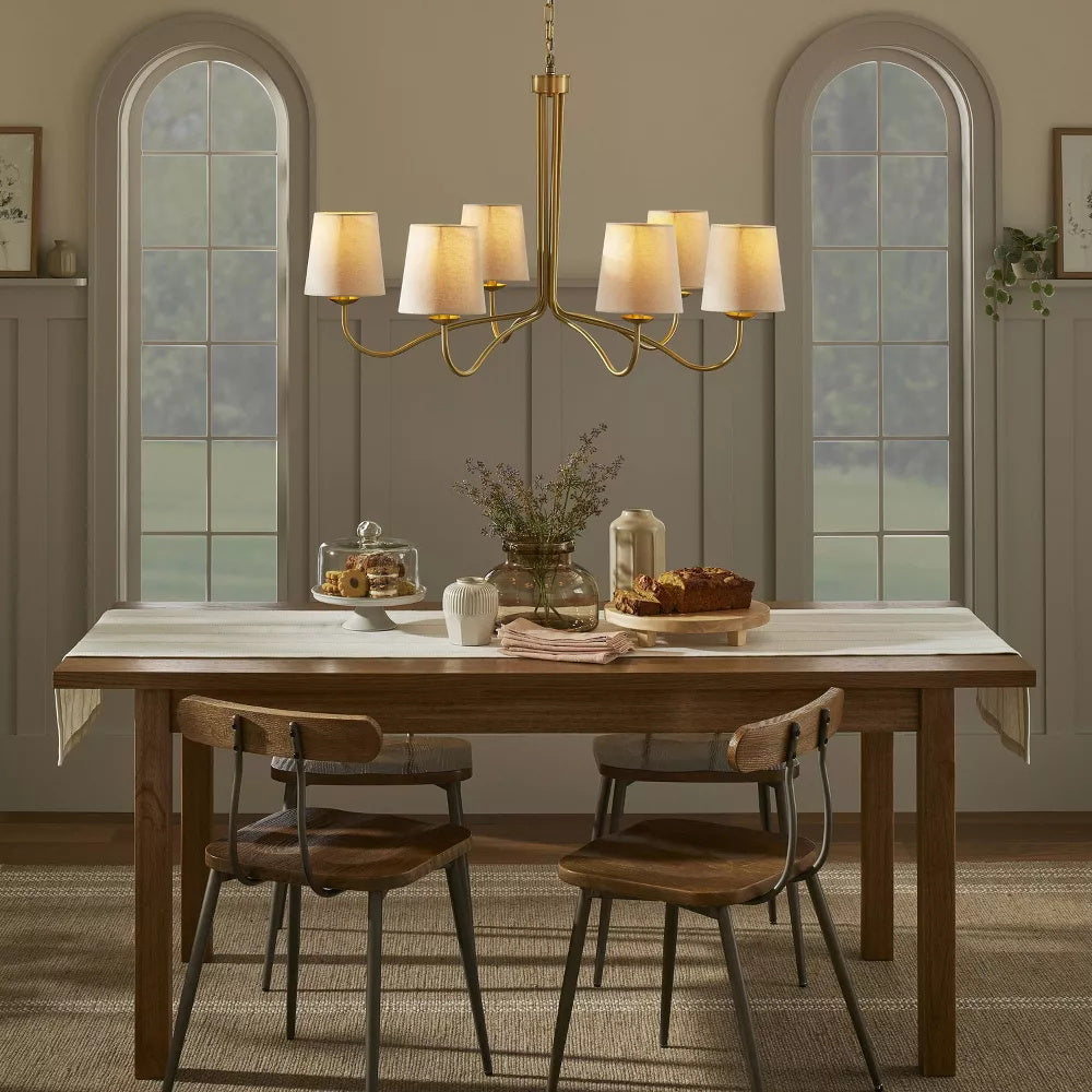 Ansel Chandelier – Modern Brass & Fabric Bell Shade 6-Light Chandelier