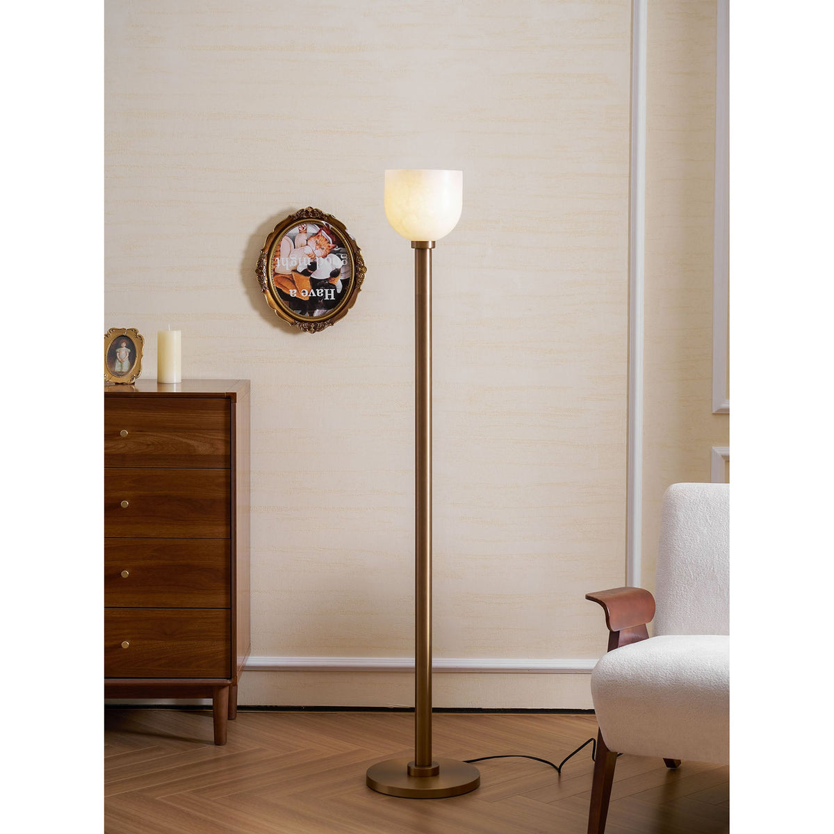 Ansley Floor Lamp – Sleek Metal & Natural Alabaster Torch Floor Lamp