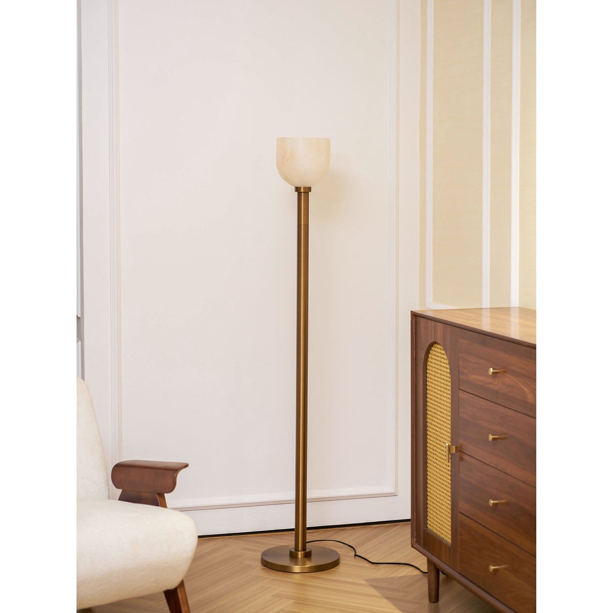 Ansley Floor Lamp – Sleek Metal & Natural Alabaster Torch Floor Lamp