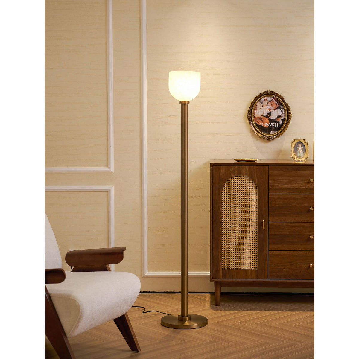 Ansley Floor Lamp – Sleek Metal & Natural Alabaster Torch Floor Lamp