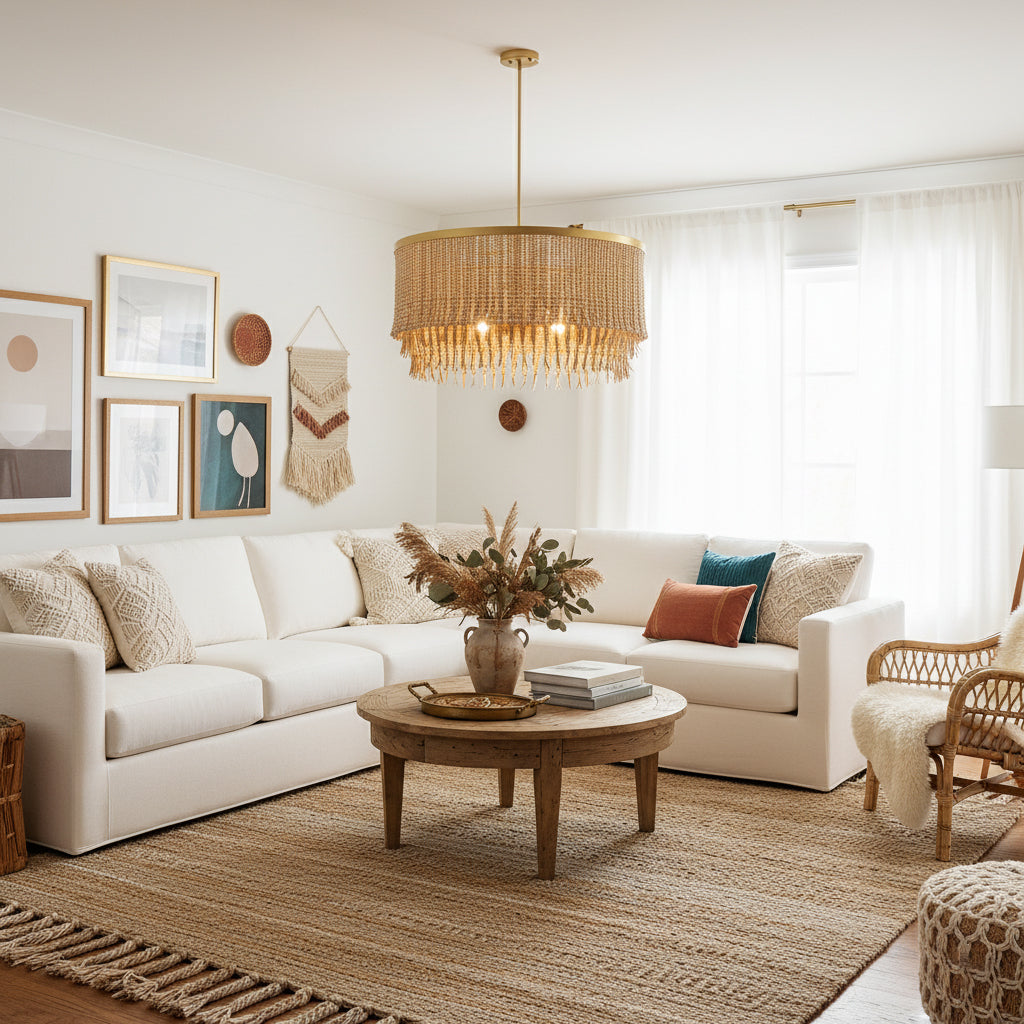 Antigua Chandelier – Handmade Wood & Coconut Bead Concentric Chandelier