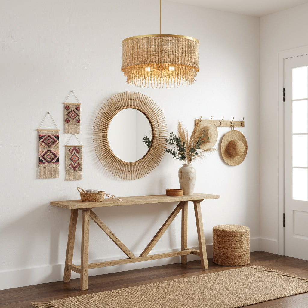 Antigua Chandelier – Handmade Wood & Coconut Bead Concentric Chandelier