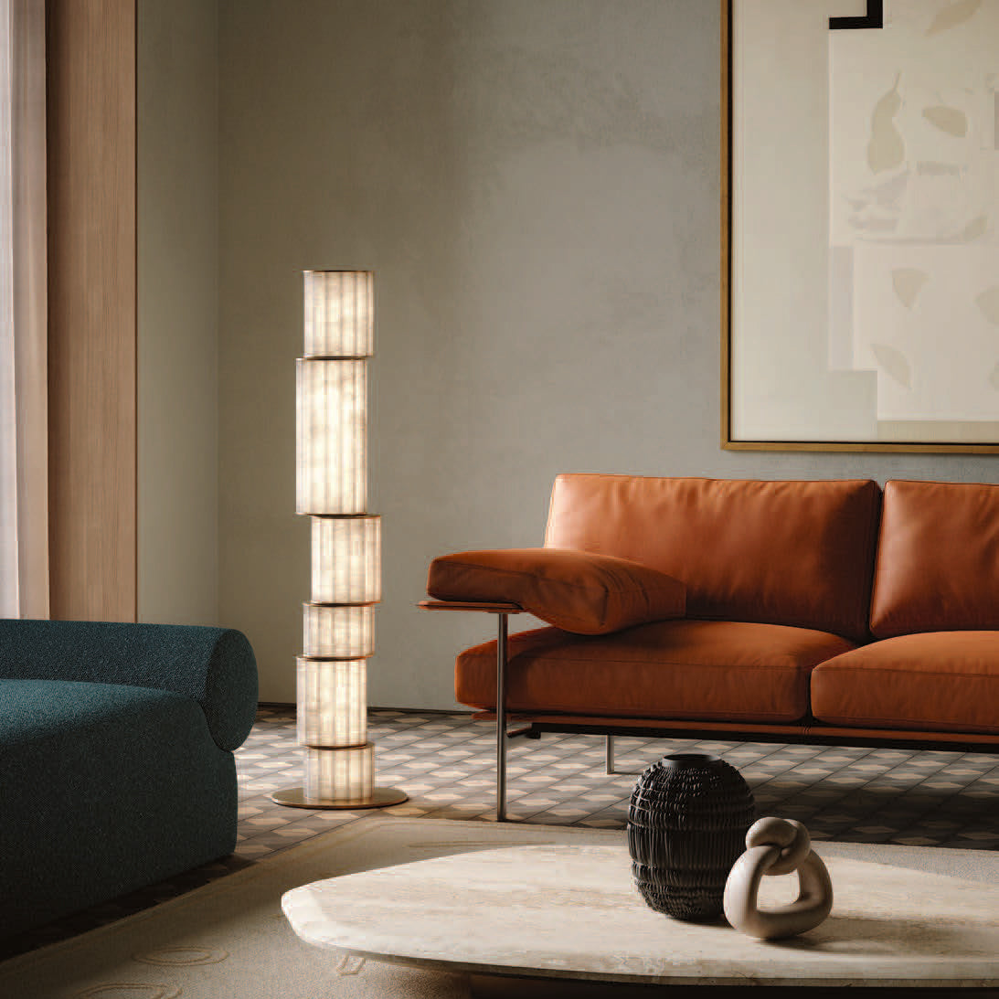 Apadana Alabaster Floor Lamp – Sleek Metal & Natural Alabaster Column Floor Light