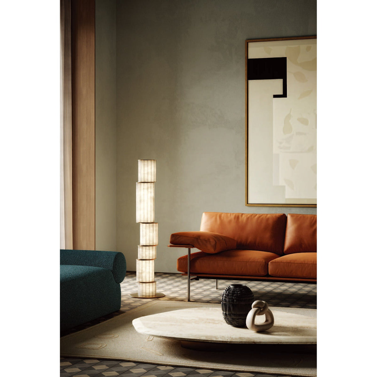 Apadana Alabaster Floor Lamp – Sleek Metal & Natural Alabaster Column Floor Light