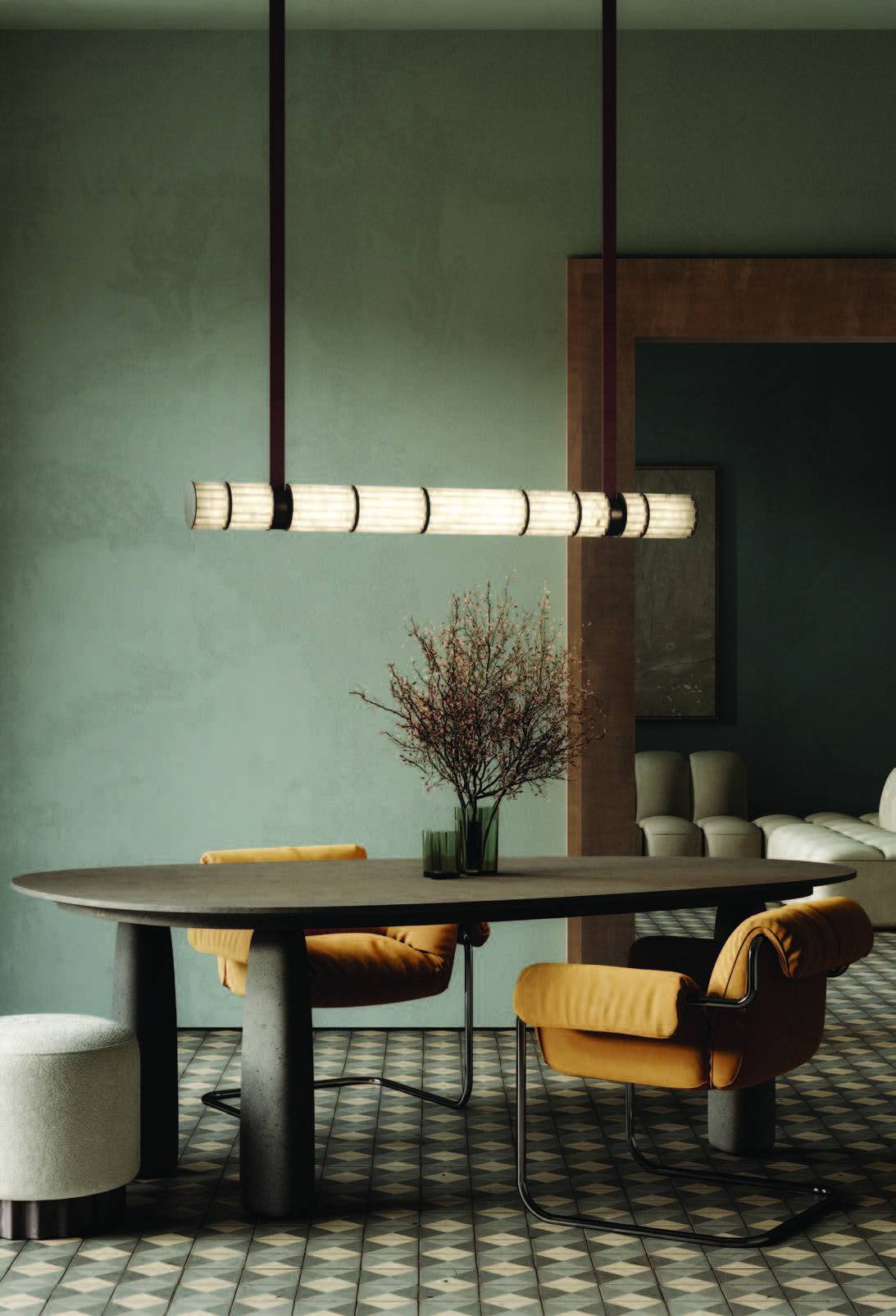 Apadana Chandelier – Italian Crafted Metal, Alabaster & Leather Linear Chandelier