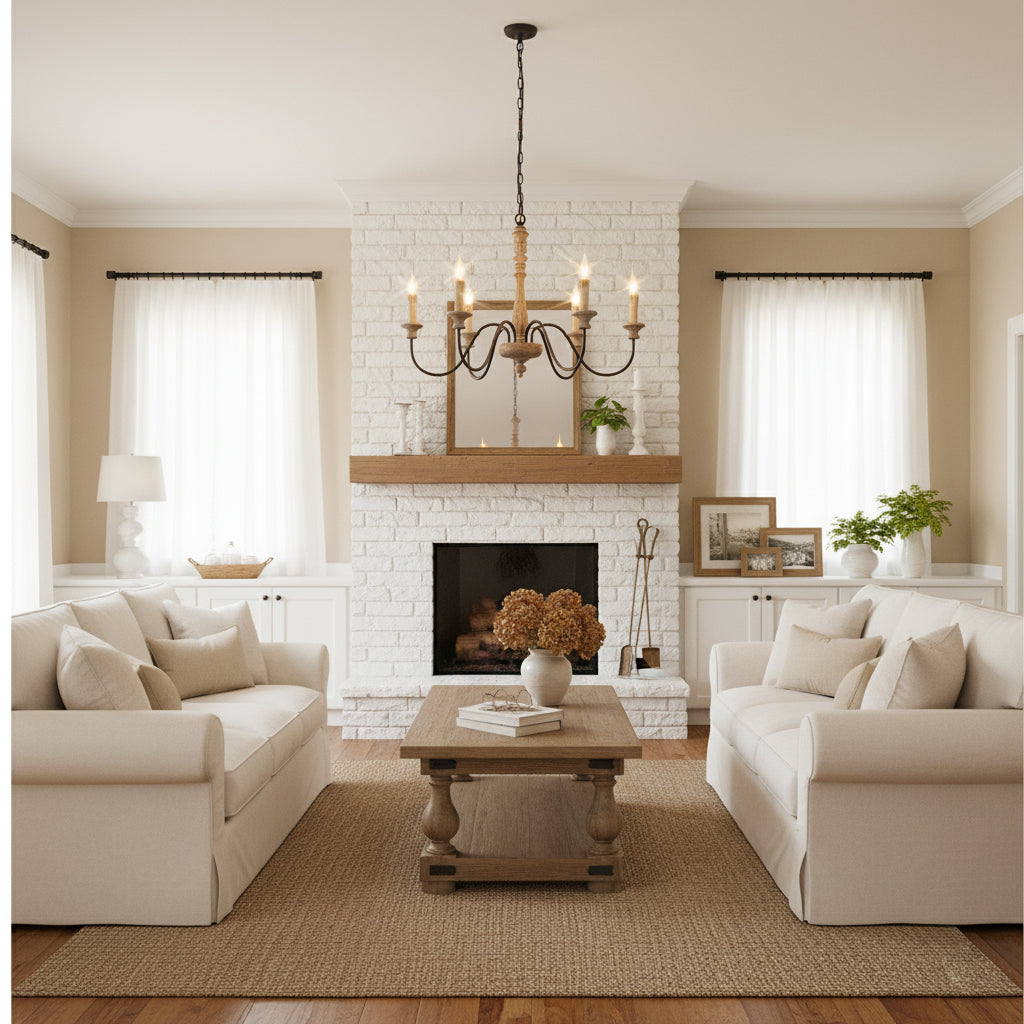 Apalachicola Chandelier – French Country Rustic Hand-Carved Wood & Iron Chandelier