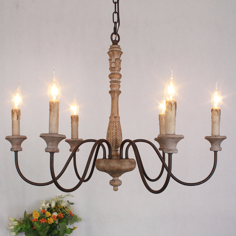 Apalachicola Chandelier – French Country Rustic Hand-Carved Wood & Iron Chandelier