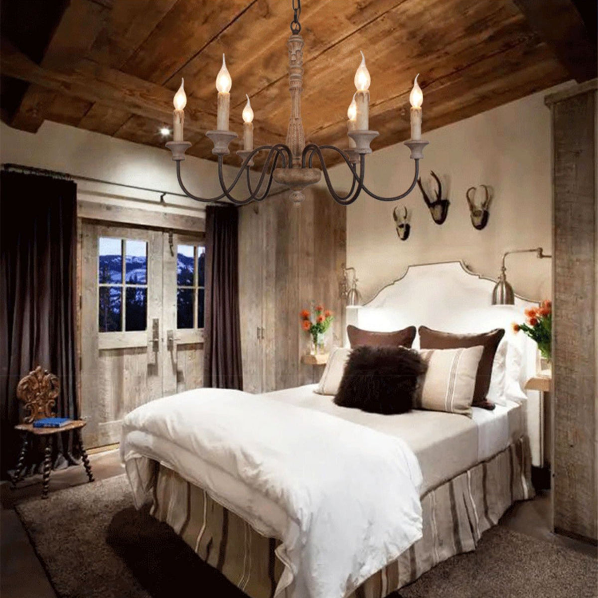 Apalachicola Chandelier – French Country Rustic Hand-Carved Wood & Iron Chandelier
