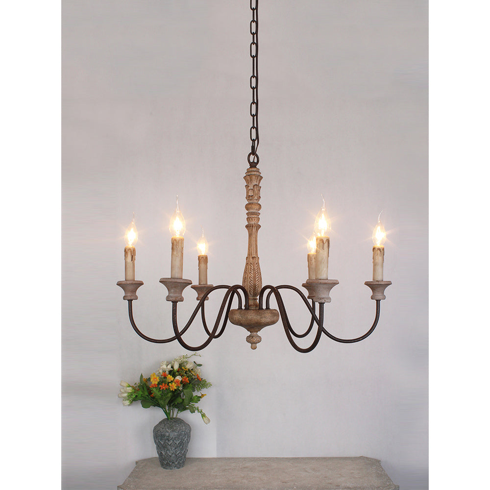 Apalachicola Chandelier – French Country Rustic Hand-Carved Wood & Iron Chandelier