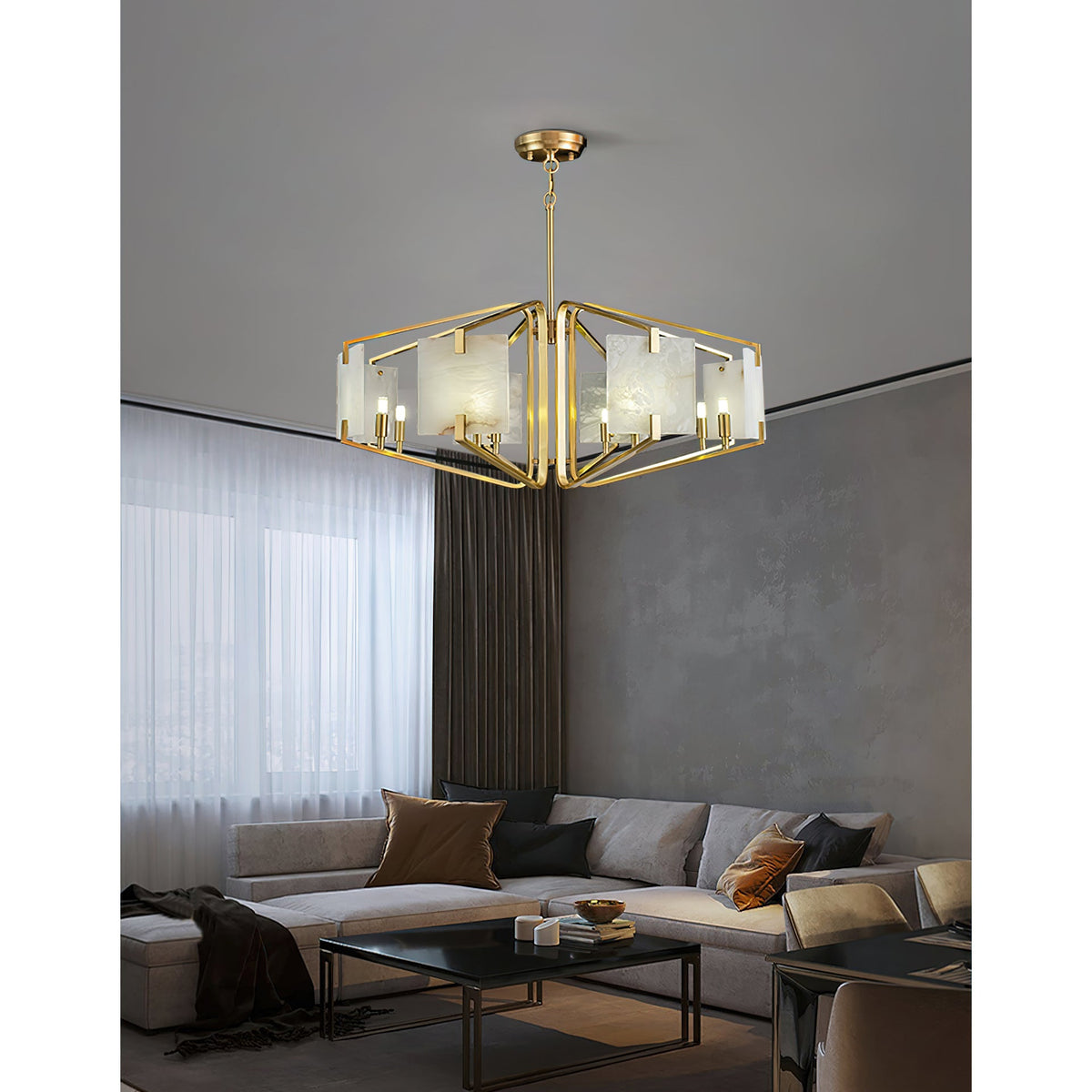 Appareil Alabaster Chandelier – Brass & Squared Alabaster Panel Chandelier