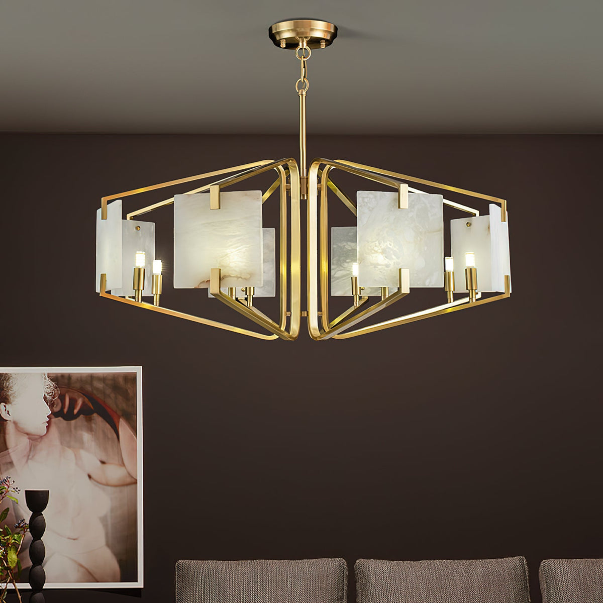Appareil Alabaster Chandelier – Brass & Squared Alabaster Panel Chandelier
