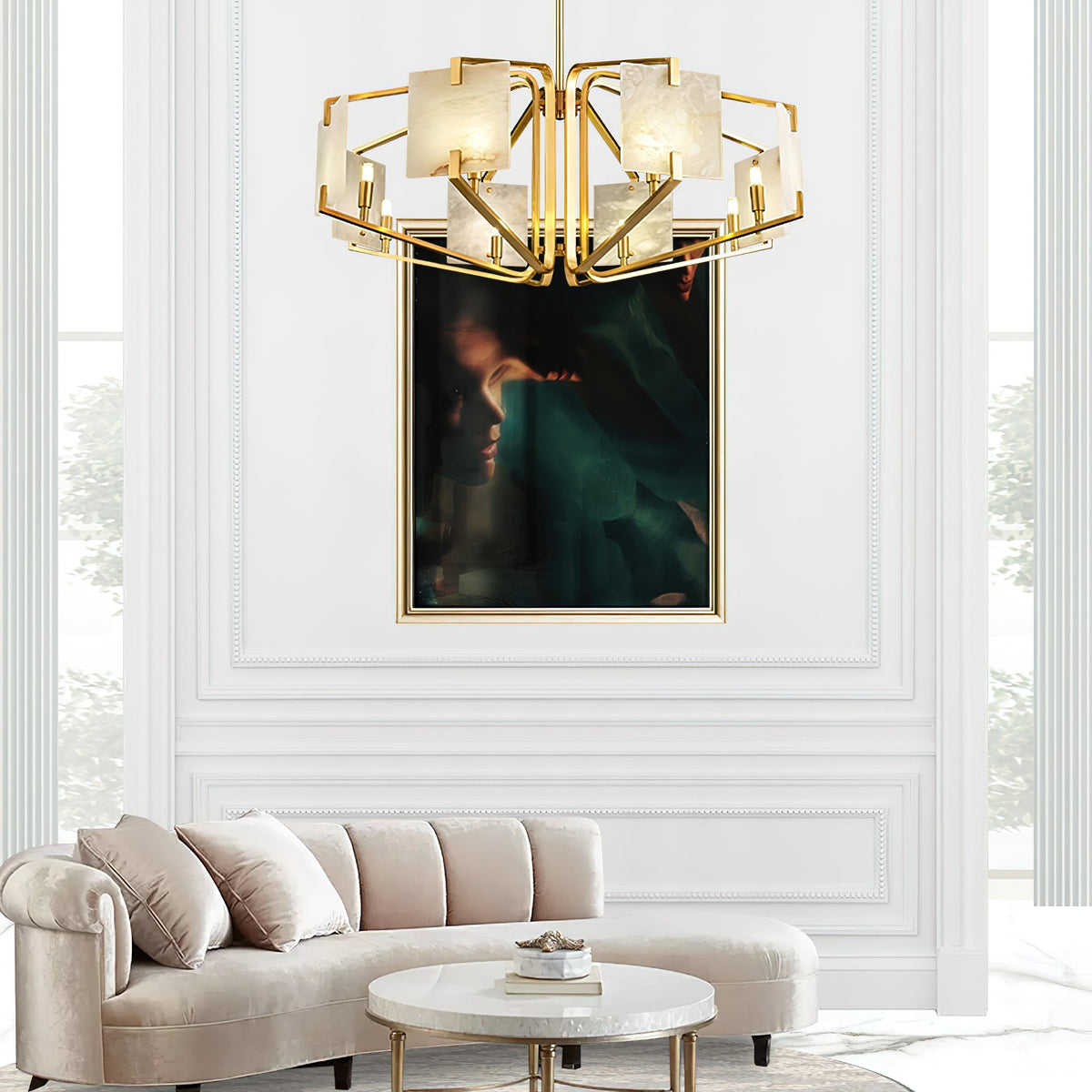 Appareil Alabaster Chandelier – Brass & Squared Alabaster Panel Chandelier