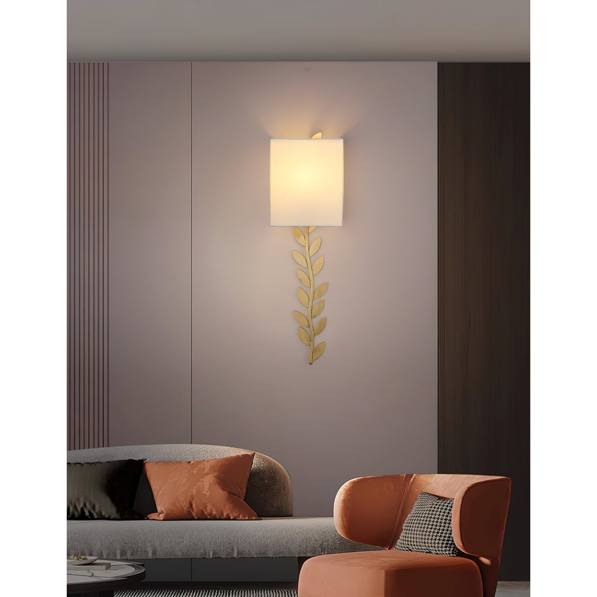 Arbor Grove Wall Lamp – Warm Brass Leaf & White Linen Wall Sconce